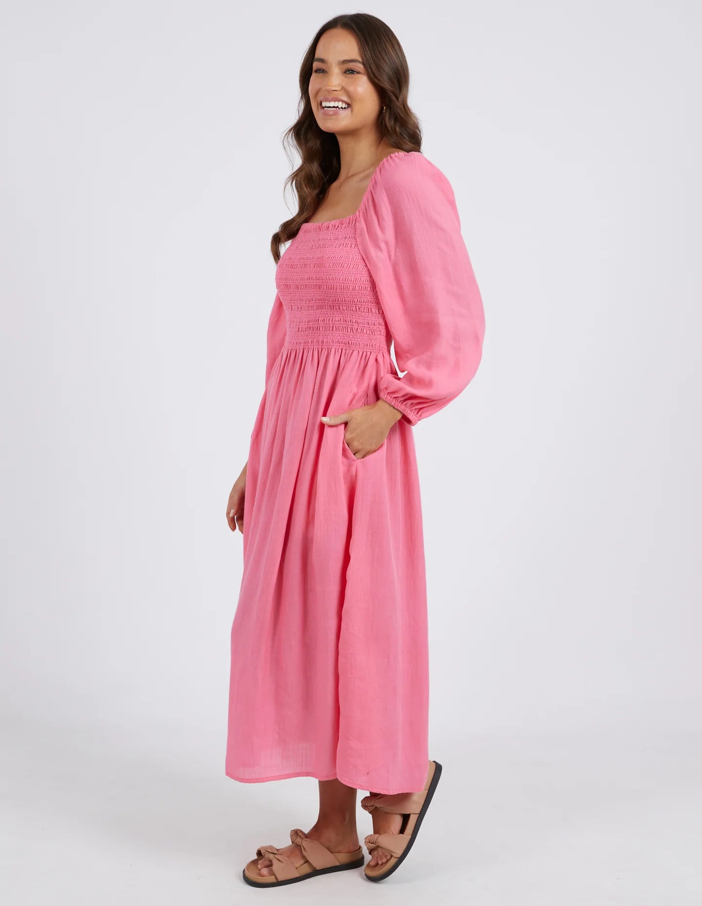 Dusk Midi Dress Pink Lemonade by Elm is currently available at Rawspice Boutique, South West Rocks.