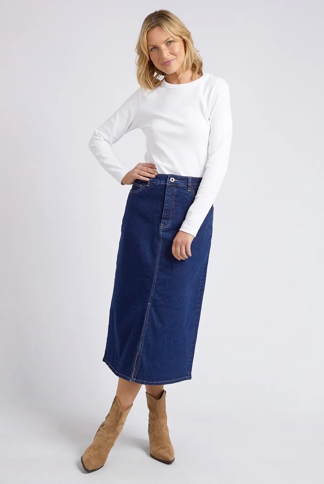 Eloise Denim Midi Skirt Dark Blue by Elm is currently available from Rawspice Boutique, South West Rocks.