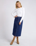 Eloise Denim Midi Skirt Dark Blue by Elm is currently available from Rawspice Boutique, South West Rocks.
