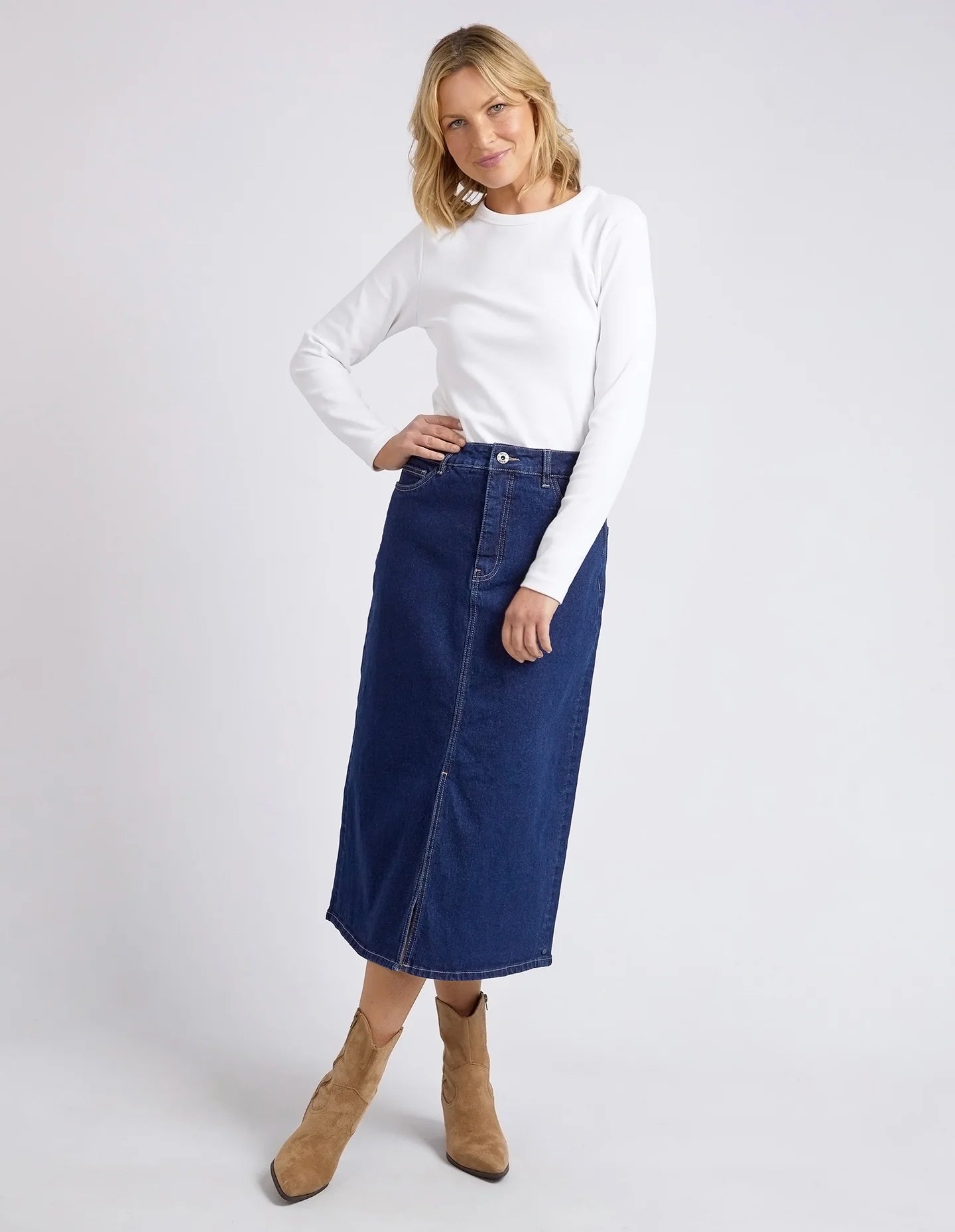 Eloise Denim Midi Skirt Dark Blue by Elm is currently available from Rawspice Boutique, South West Rocks.