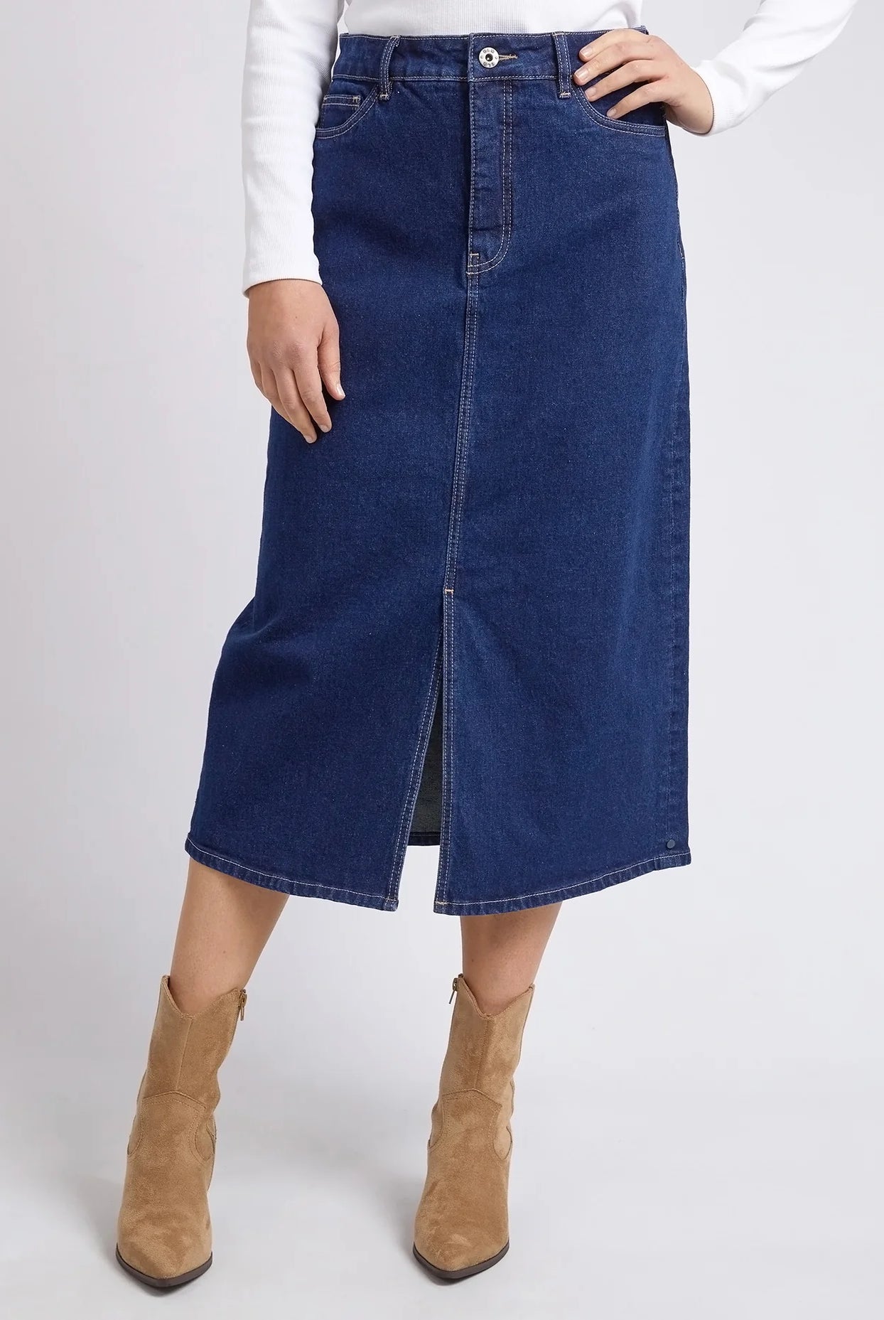 Eloise Denim Midi Skirt Dark Blue by Elm is currently available from Rawspice Boutique, South West Rocks.
