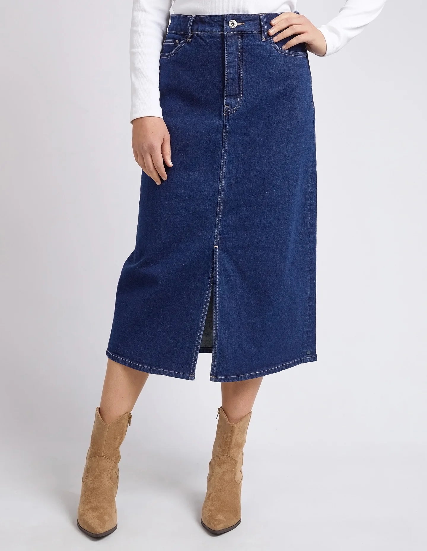 Eloise Denim Midi Skirt Dark Blue by Elm is currently available from Rawspice Boutique, South West Rocks.