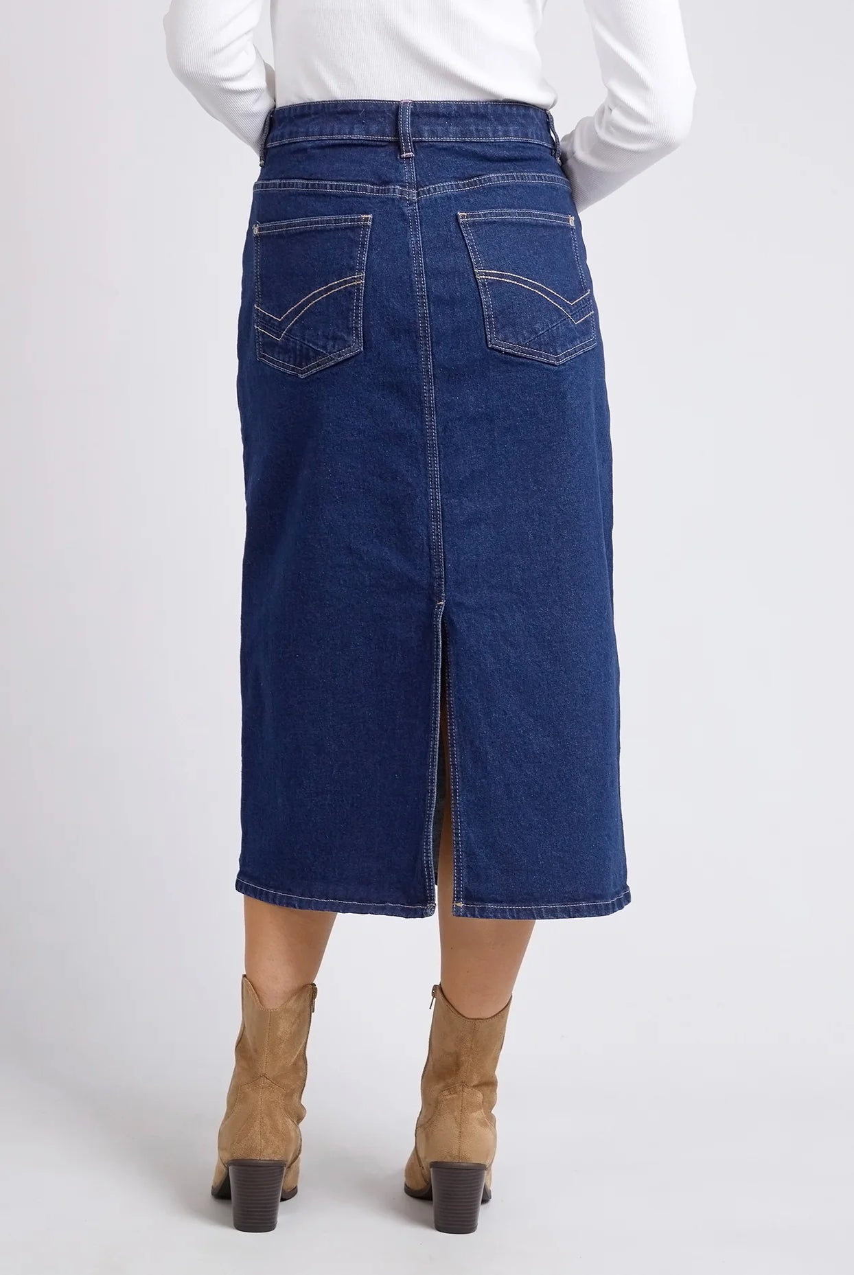 Eloise Denim Midi Skirt Dark Blue by Elm is currently available from Rawspice Boutique, South West Rocks.