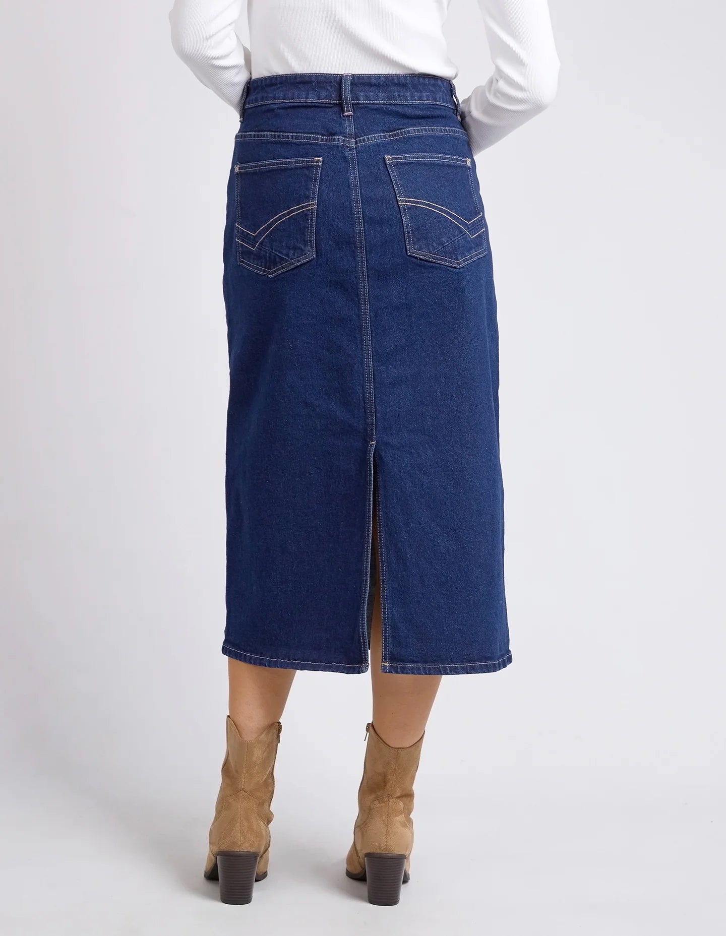 Eloise Denim Midi Skirt Dark Blue by Elm is currently available from Rawspice Boutique, South West Rocks.
