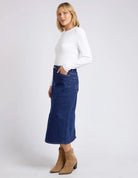 Eloise Denim Midi Skirt Dark Blue by Elm is currently available from Rawspice Boutique, South West Rocks.