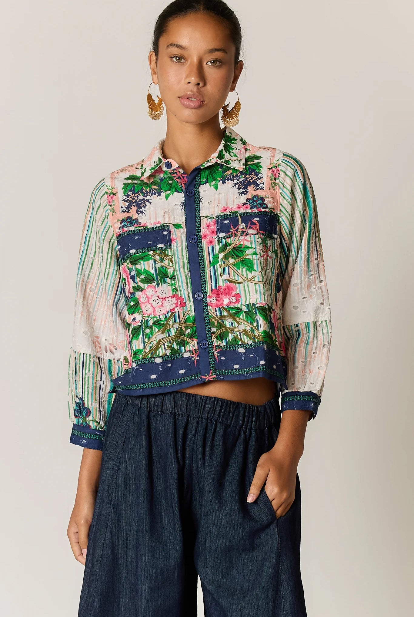 Roseanna bomber jacket in a multi-coloured patchwork-inspired floral print with a broderie basecloth.