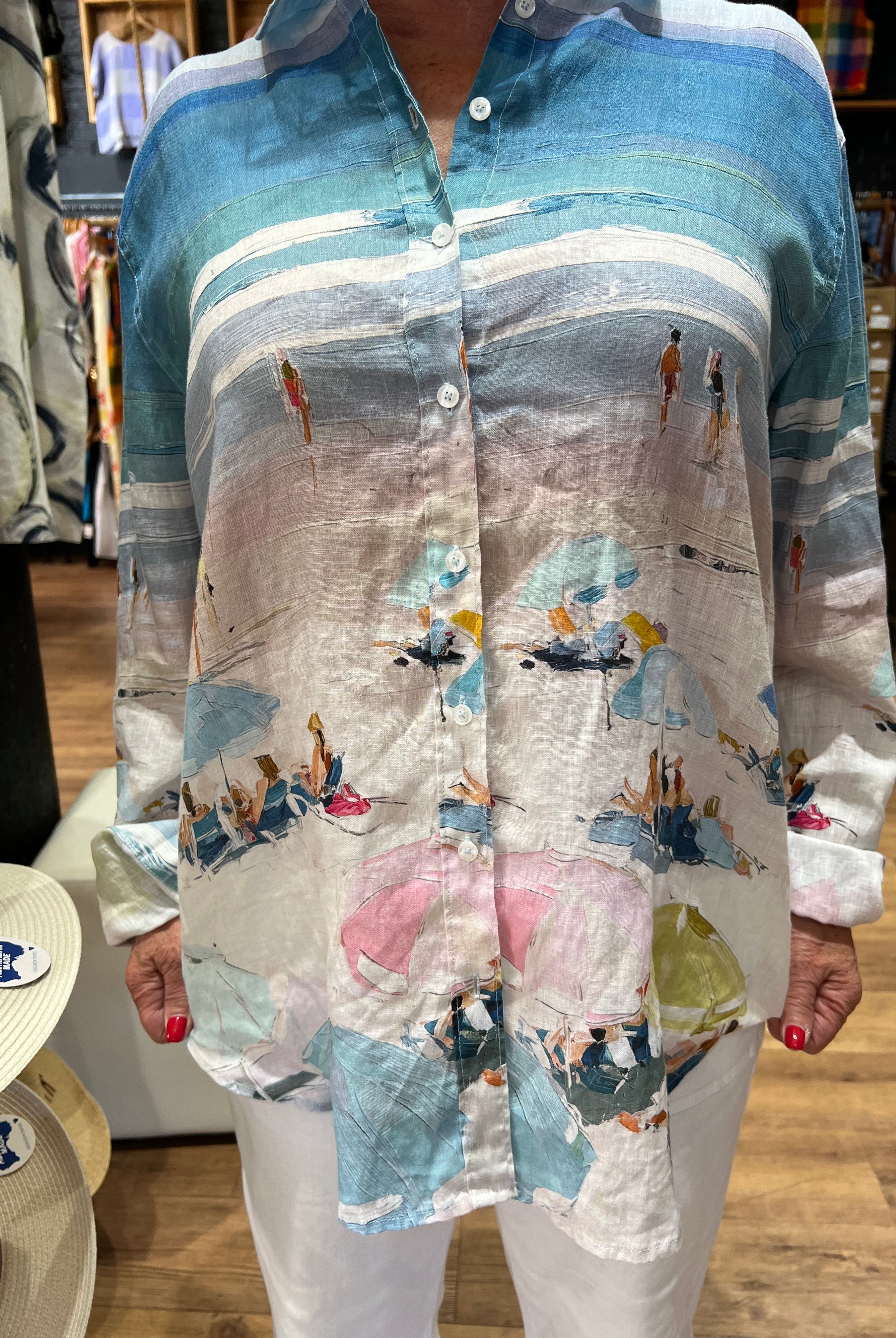 HUT Boyfriend Linen Shirt in a relaxed fit, featuring two chest pockets, tab sleeves and a scoop hem.