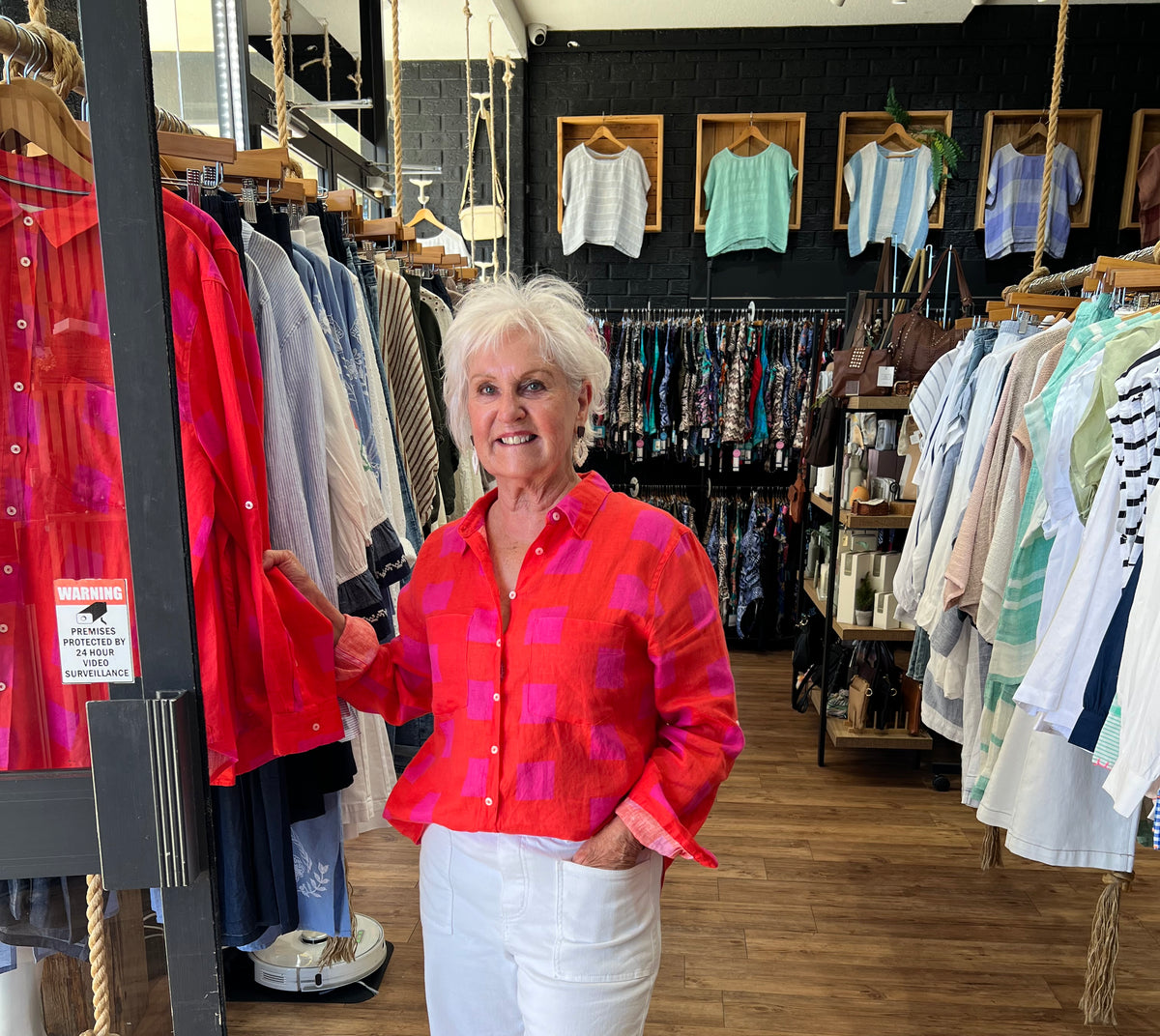 HUT Boyfriend Linen Shirt in a relaxed fit, featuring two chest pockets, tab sleeves and a scoop hem.