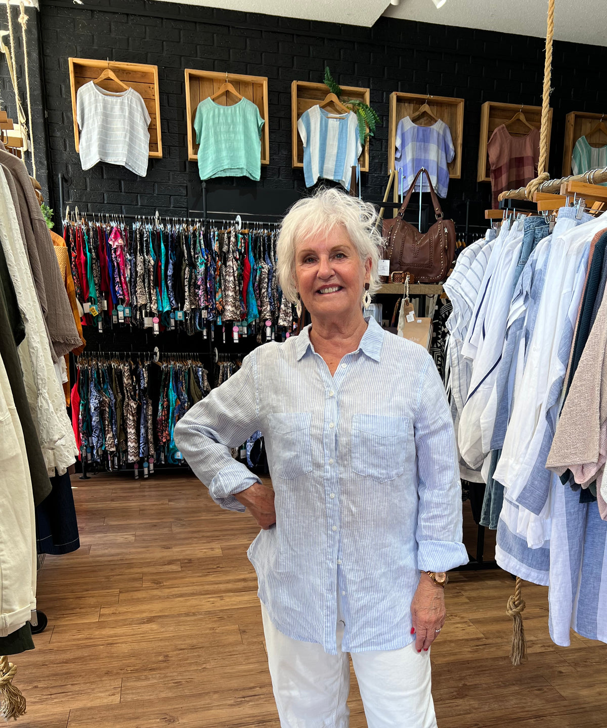 HUT Boyfriend Linen Shirt in a relaxed fit, featuring two chest pockets, tab sleeves and a scoop hem.