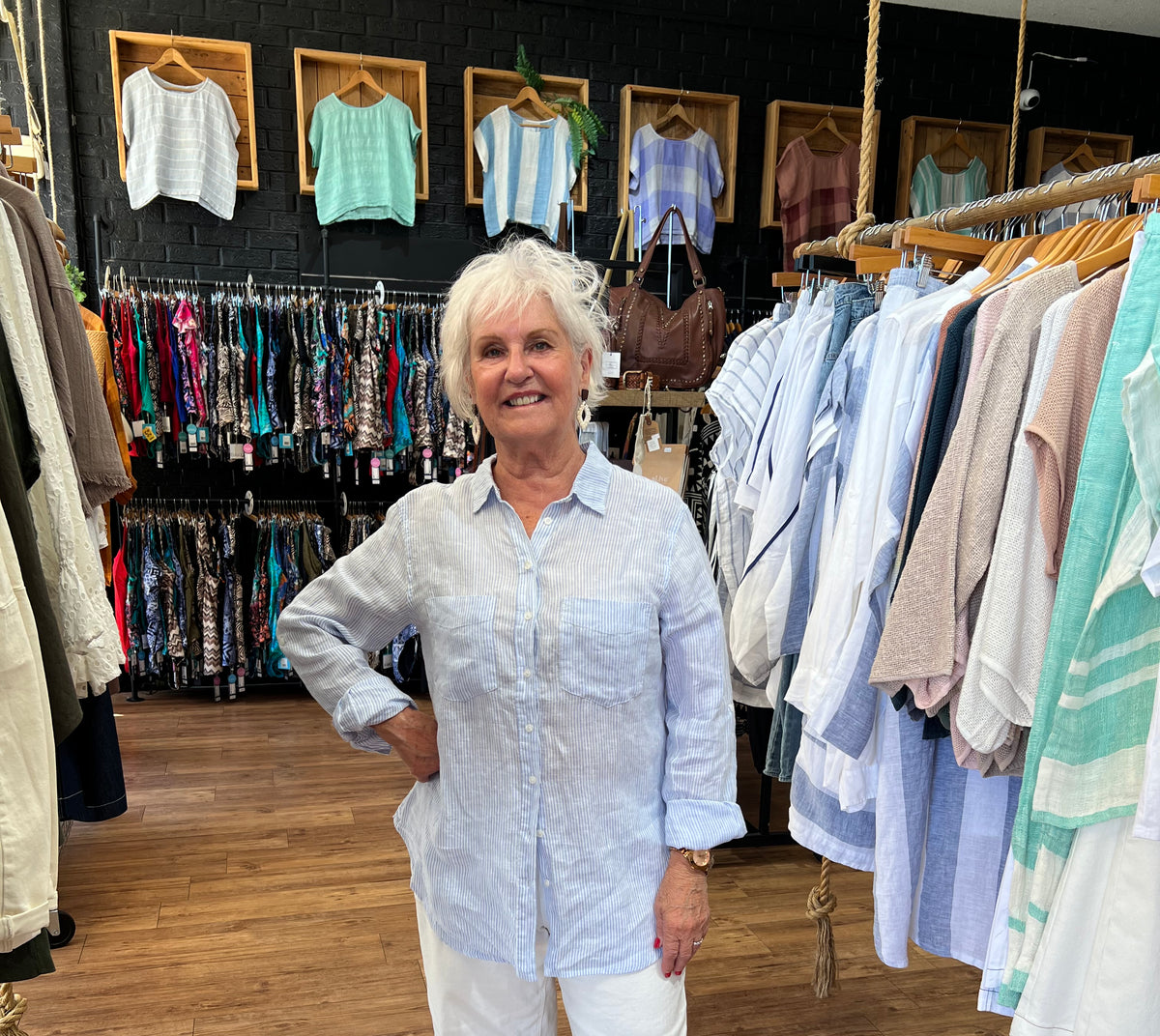 HUT Boyfriend Linen Shirt in a relaxed fit, featuring two chest pockets, tab sleeves and a scoop hem.