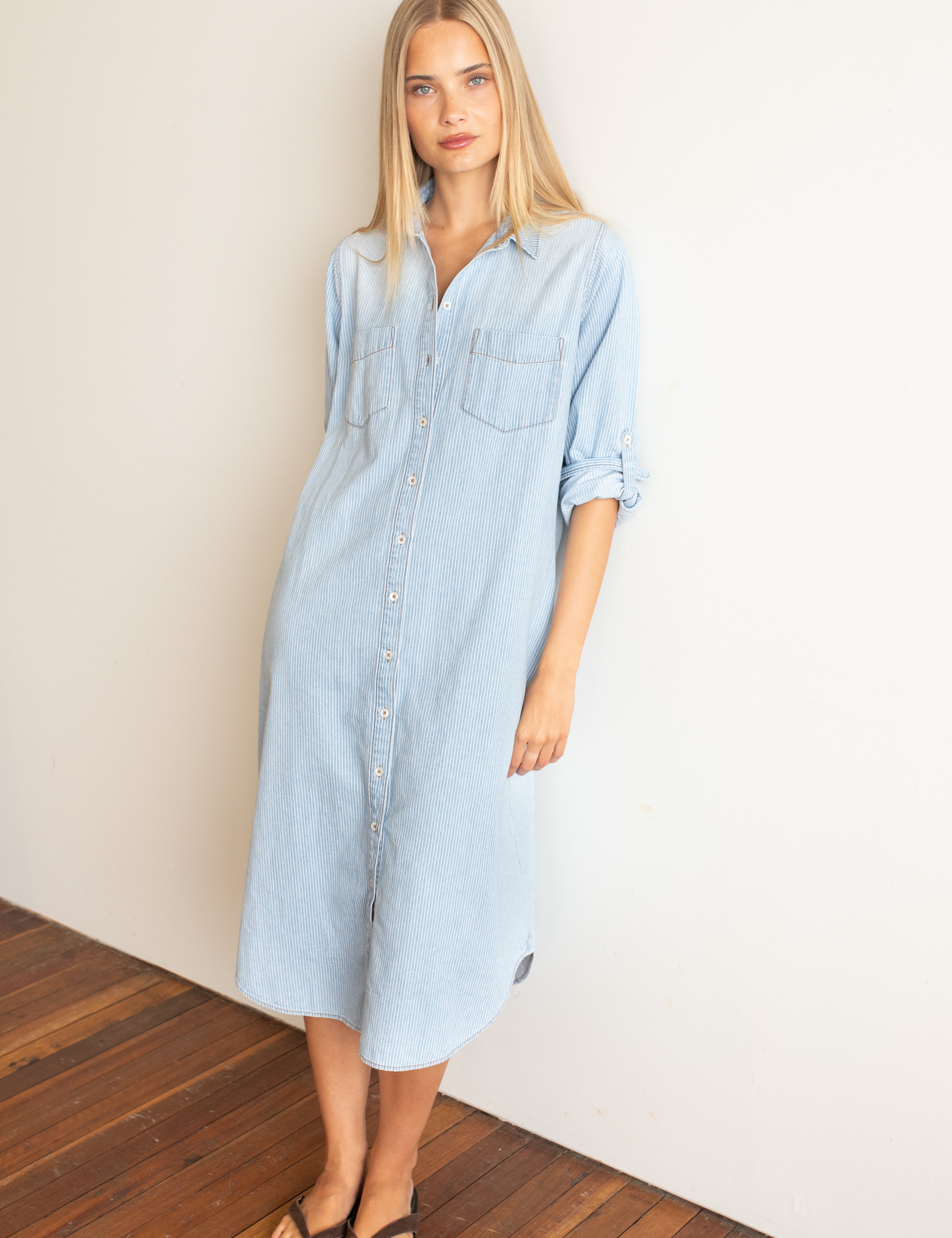 HUT 100% cotton denim shirtdress with tab sleeves, scoop hem and practical chest and side pockets