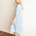 HUT 100% cotton denim shirtdress with tab sleeves, scoop hem and practical chest and side pockets