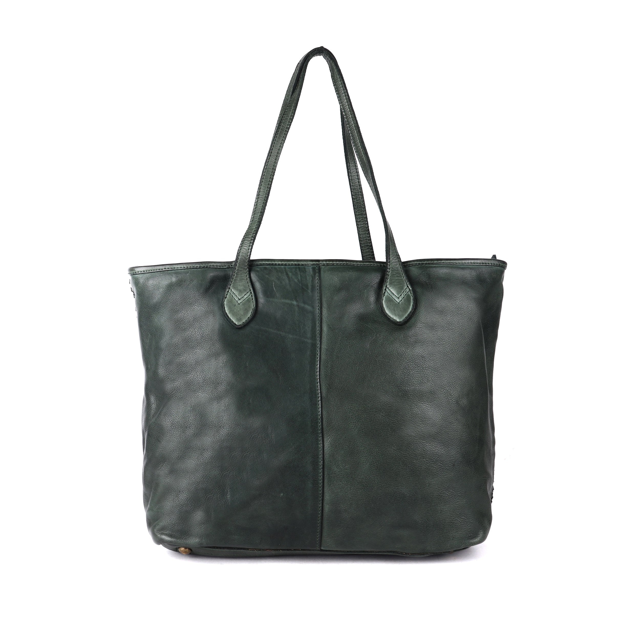 Rugged Hide Kalgoorlie Day Bag, a soft leather shopper with front weave detailing, two zip-secured compartments, internal zip pocket, and sleeve pockets. Measures 33cm x 32cm x 13cm.