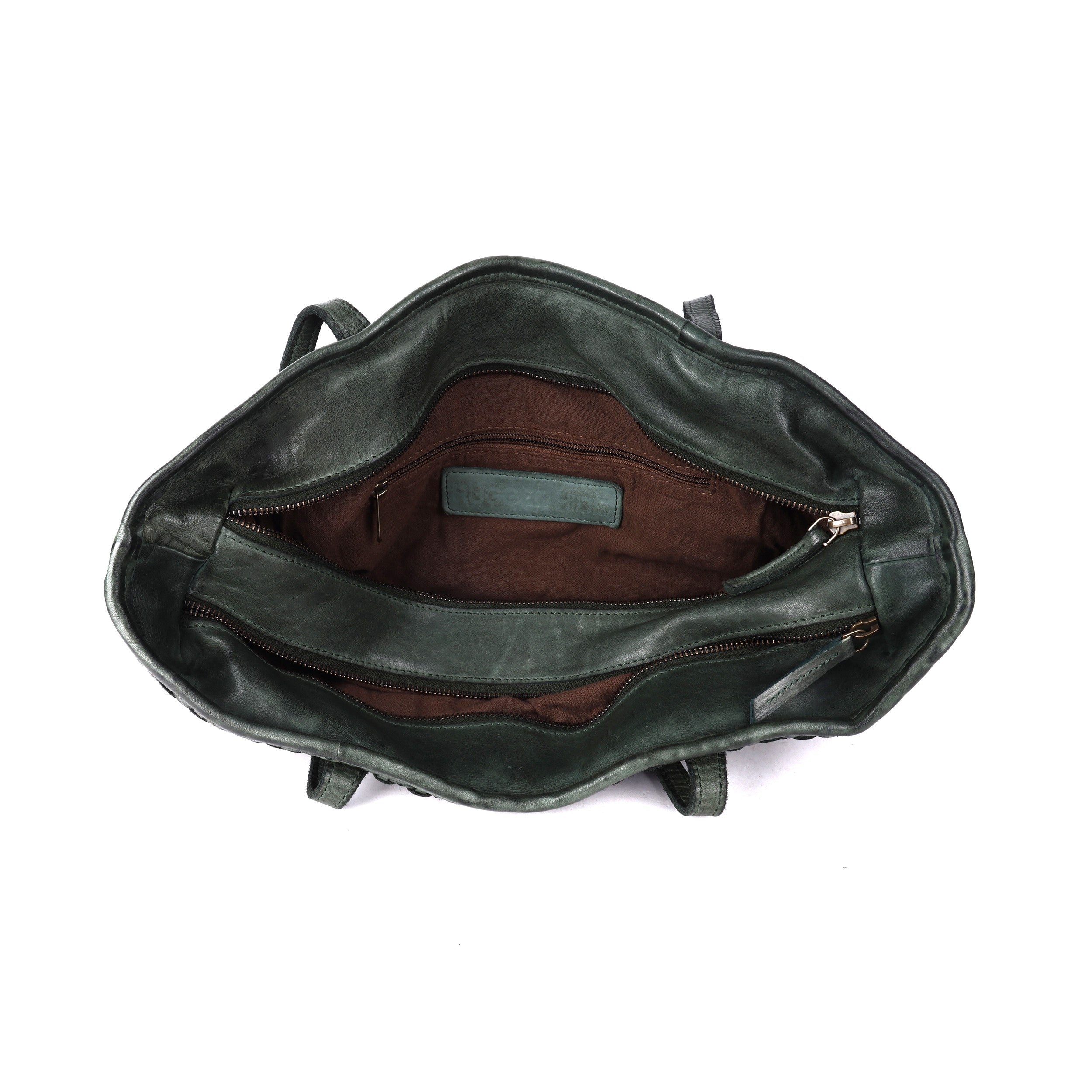 Rugged Hide Kalgoorlie Day Bag, a soft leather shopper with front weave detailing, two zip-secured compartments, internal zip pocket, and sleeve pockets. Measures 33cm x 32cm x 13cm.