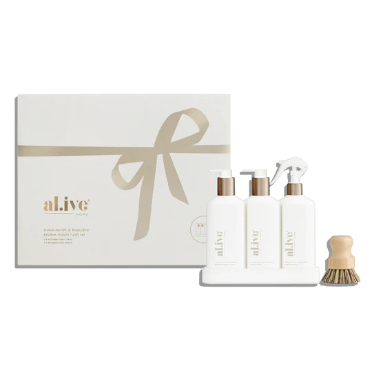 Kitchen Rituals Gift Set – Lemon Myrtle & Honeydew featuring Dishwashing Liquid, Bench Spray, Hand Wash, and natural bamboo dish brush in a Crisp White set.