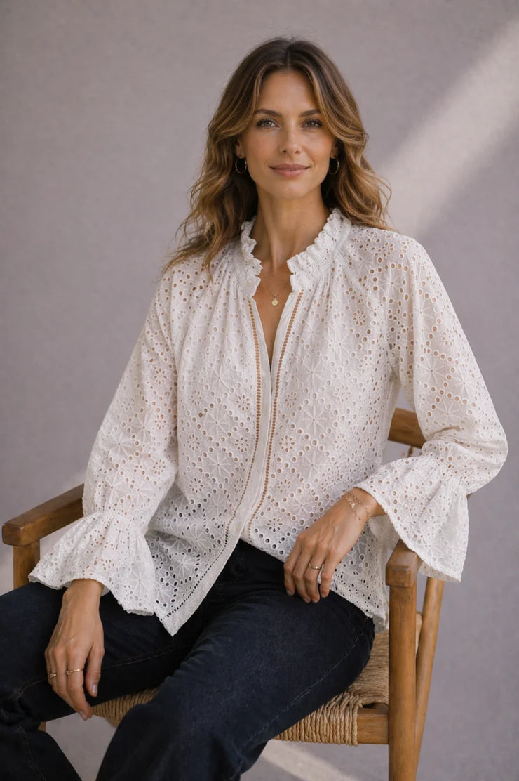 Lacewood Blouse in 100% cotton cutwork lace featuring a button-through front and relaxed, feminine silhouette.