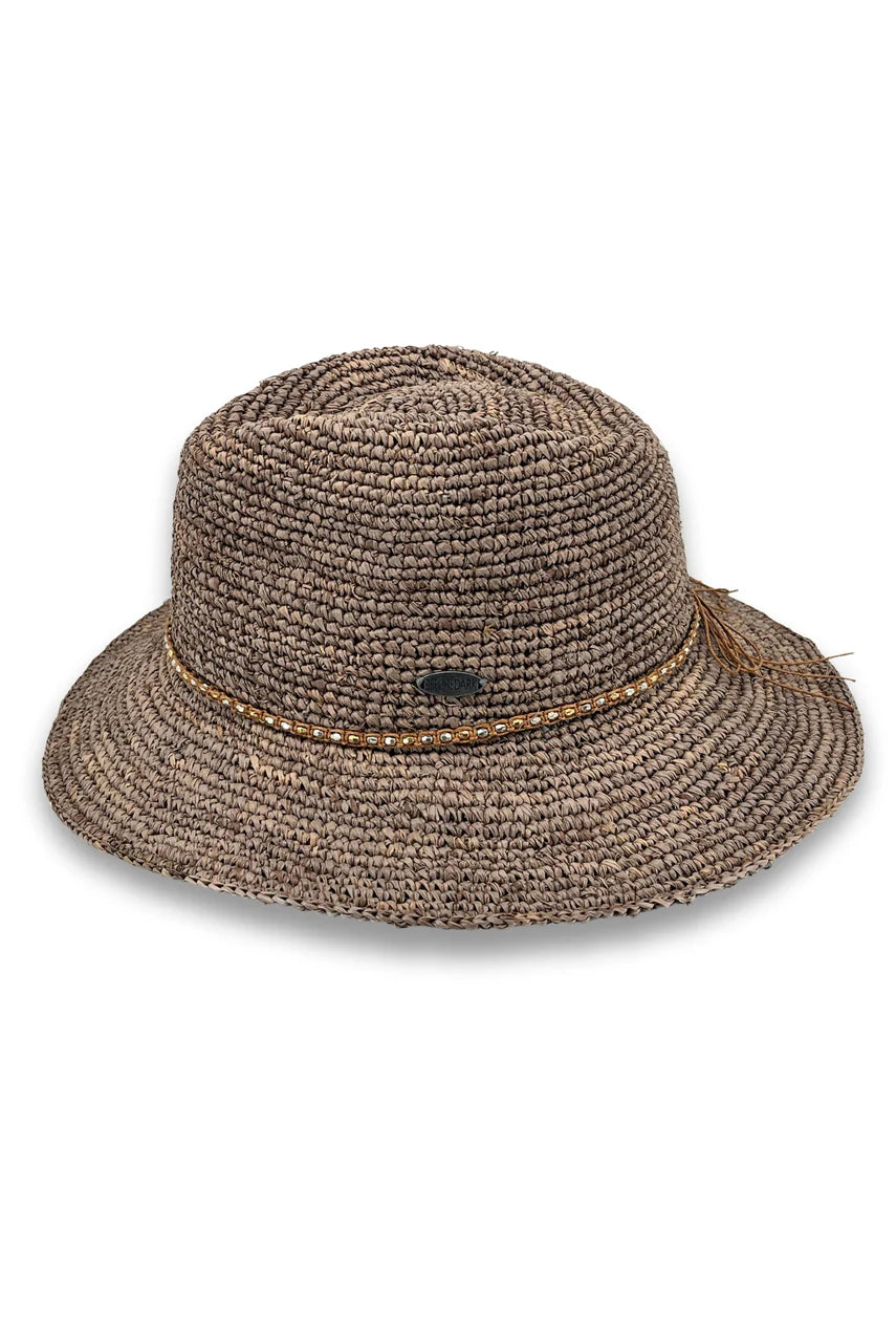 Magdalena Raffia Fedora hat in mushroom, hand crocheted raffia with a teardrop crown and metallic beaded trim.