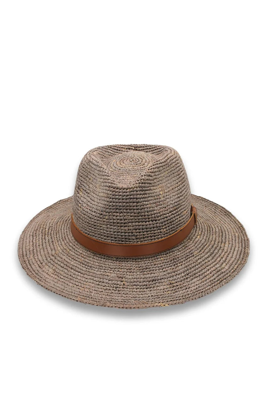 Magdalena Raffia Fedora Hat in Mushroom, hand-woven from natural Madagascan raffia with teardrop crown, metallic beaded trim and structured brim.