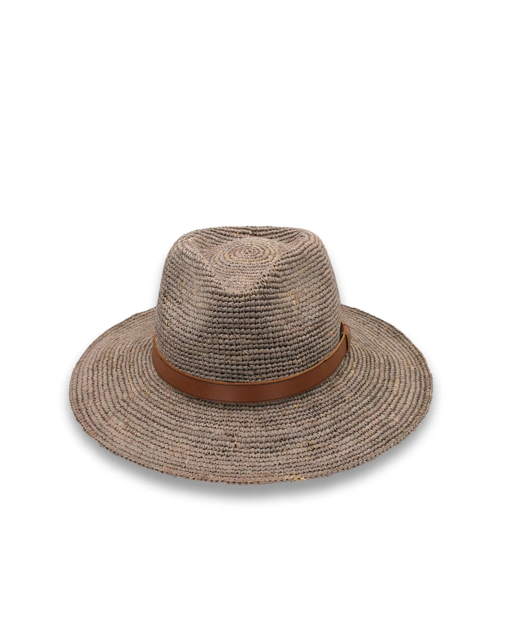 Magdalena Raffia Fedora Hat in Mushroom, hand-woven from natural Madagascan raffia with teardrop crown, metallic beaded trim and structured brim.