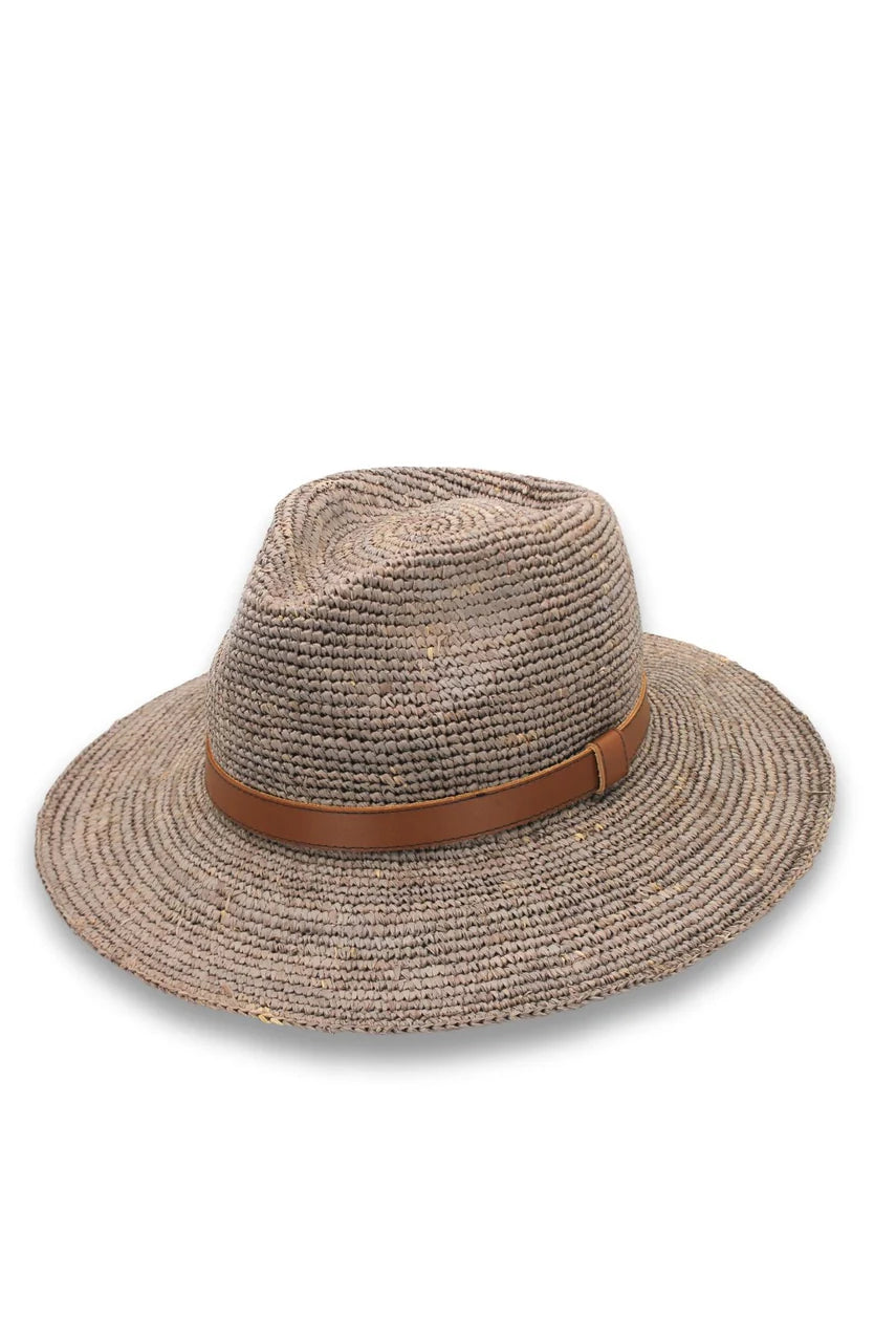 Magdalena Raffia Fedora Hat in Mushroom, hand-woven from natural Madagascan raffia with teardrop crown, metallic beaded trim and structured brim.