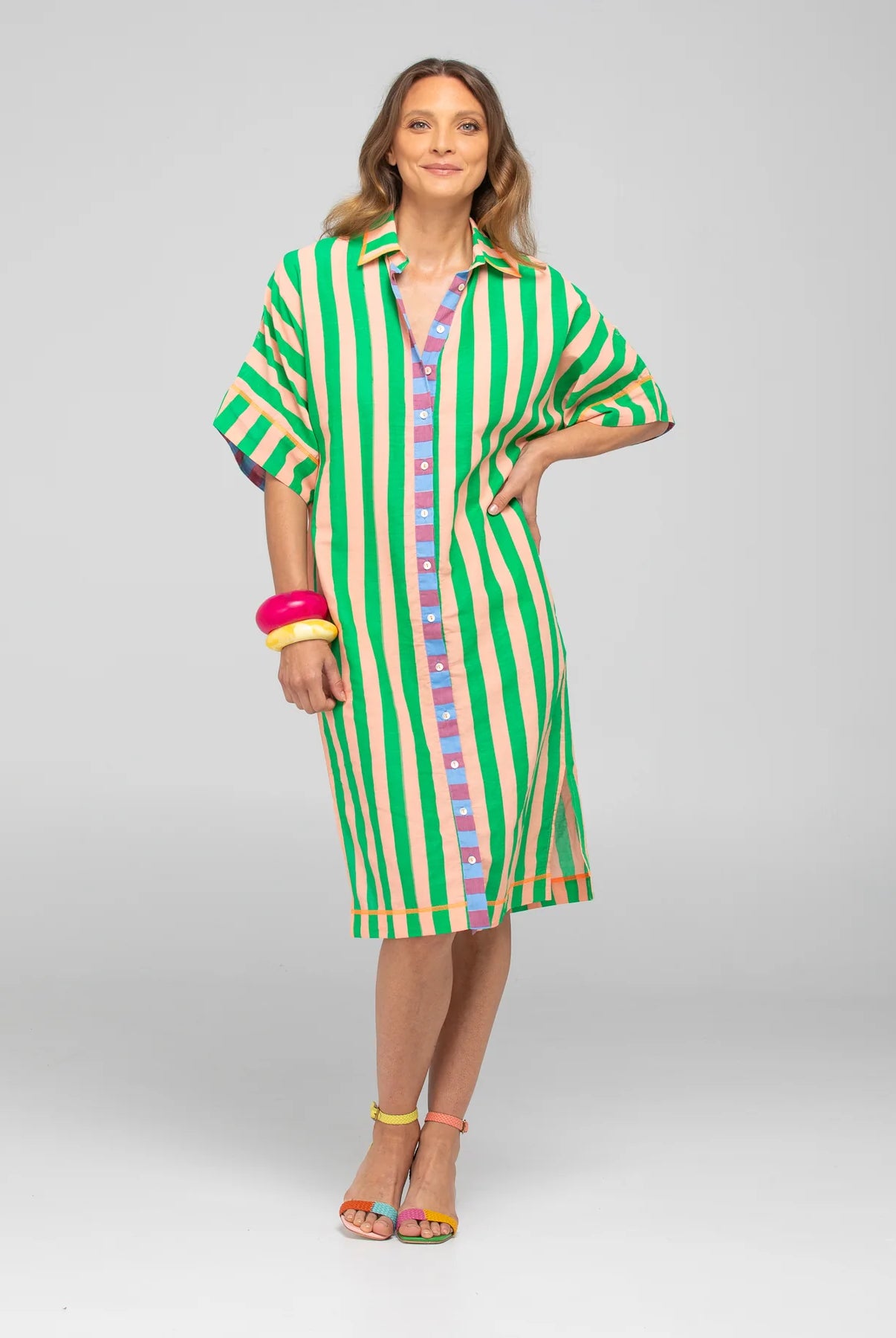 Boom Shankar Maui Shirt Dress in Capri Peach, featuring a belted waist, button-down front, structured collar, and adjustable sleeves.