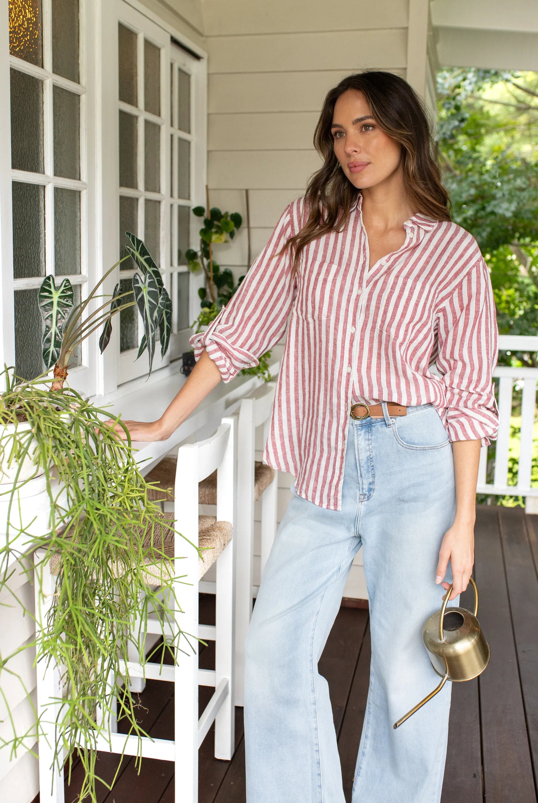 Boyfriend linen shirt in rhubarb stripe, designed with a relaxed fit, French seams, tab sleeves, and a flattering scoop hem. Crafted for comfort and effortless style.