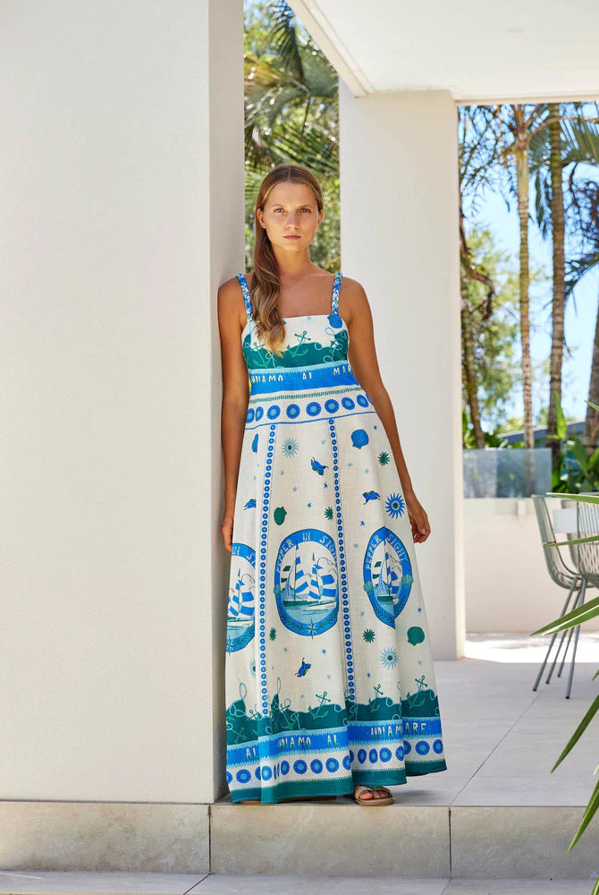 Sardinia Dress in Andiamo by Walnut Melbourne featuring braided straps, an exclusive print, and a 100% cotton A-line silhouette with side pockets.