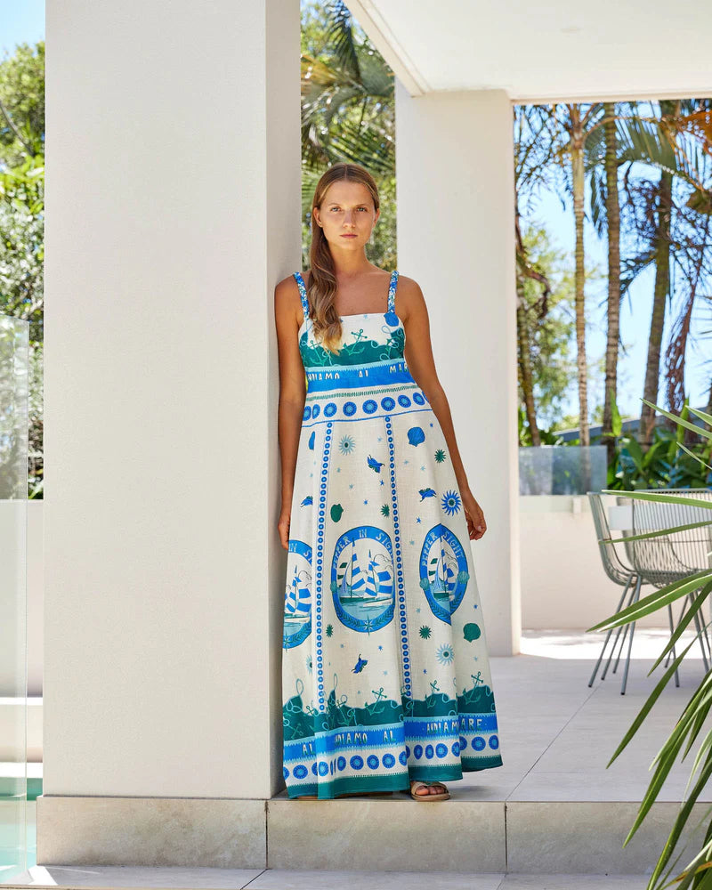 Sardinia Dress in Andiamo by Walnut Melbourne featuring braided straps, an exclusive print, and a 100% cotton A-line silhouette with side pockets.