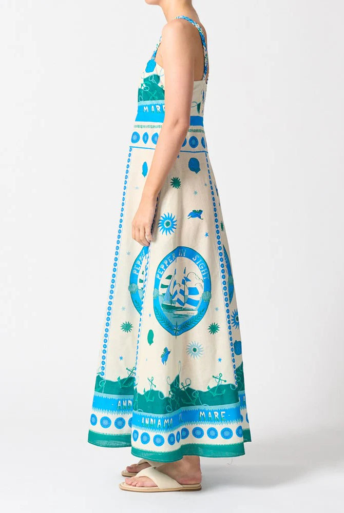 Sardinia Dress in Andiamo by Walnut Melbourne featuring braided straps, an exclusive print, and a 100% cotton A-line silhouette with side pockets.