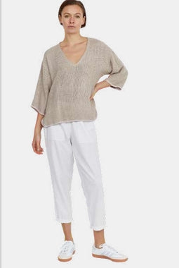 Estelle Hessian V Neck Top in cinnamon with 3/4 sleeves, V-neckline and scalloped hemline in textured handwoven cotton rayon fabric.