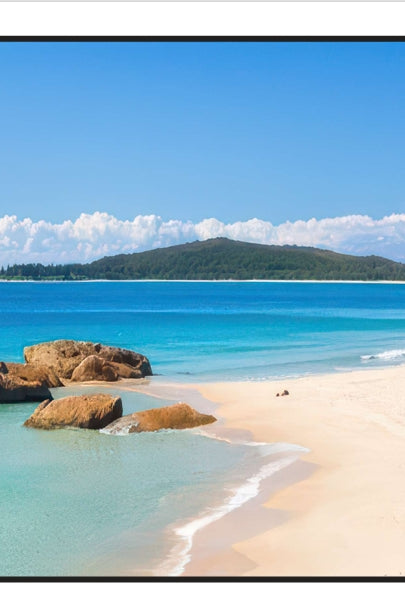 Beach towel featuring a photographic image of Front Beach, South West Rocks, with location text in the top corner and RawSpice logo in the bottom corner.
