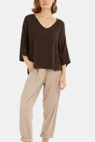 Estelle Hessian V Neck Top in dark chocolate with 3/4 sleeves, V-neckline and scalloped hemline in textured handwoven cotton rayon fabric.