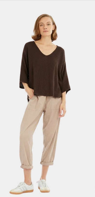 Estelle Hessian V Neck Top in dark chocolate with 3/4 sleeves, V-neckline and scalloped hemline in textured handwoven cotton rayon fabric.