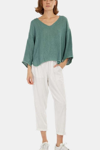 Estelle Hessian V Neck Top in sage leaf green with 3/4 sleeves, V-neckline and scalloped hemline in textured handwoven cotton rayon fabric.