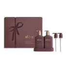 Transformative Duo – Sweet Plum & Berries featuring Wash and Lotion with interchangeable bronze and mulberry pumps, double-sided festive and classic bottles.