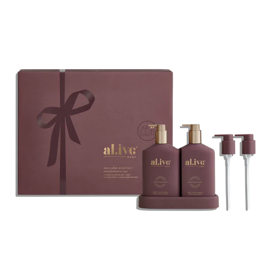 Transformative Duo – Sweet Plum & Berries featuring Wash and Lotion with interchangeable bronze and mulberry pumps, double-sided festive and classic bottles.