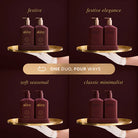 Transformative Duo – Sweet Plum & Berries featuring Wash and Lotion with interchangeable bronze and mulberry pumps, double-sided festive and classic bottles.