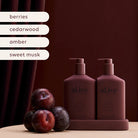 Transformative Duo – Sweet Plum & Berries featuring Wash and Lotion with interchangeable bronze and mulberry pumps, double-sided festive and classic bottles.
