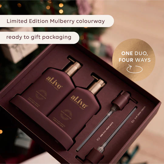 Transformative Duo – Sweet Plum & Berries featuring Wash and Lotion with interchangeable bronze and mulberry pumps, double-sided festive and classic bottles.