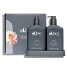 al.ive body Wash & Lotion Duo – Coconut & Wild Orange featuring 500ml hand & body wash, 500ml hand & body lotion, and matching tray in a sleek design.