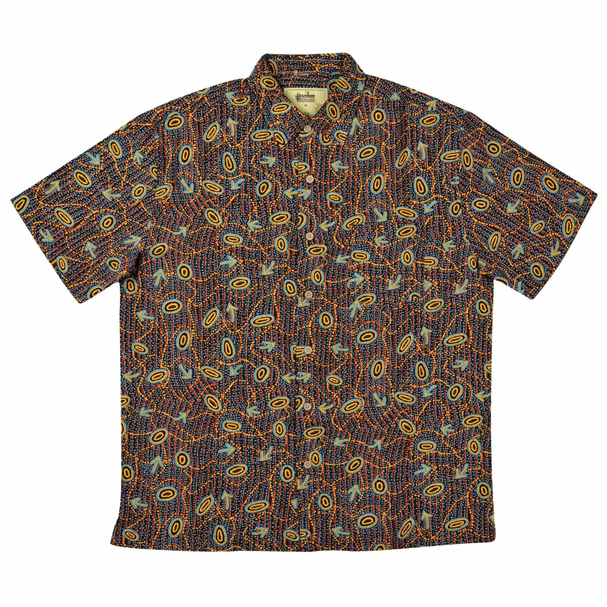 Men’s short sleeve bamboo shirt featuring a chest pocket and bamboo wood-look buttons, inspired by Warlpiri Yankirri Jukurrpa (emu Dreaming) design, made from bamboo fiber and cotton blend.