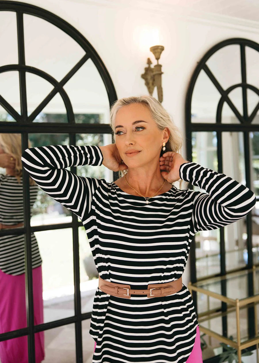 The Black & White Stripe Adele Bamboo Tee by Lou Lou Australia is currently available at Rawspice Boutique.
