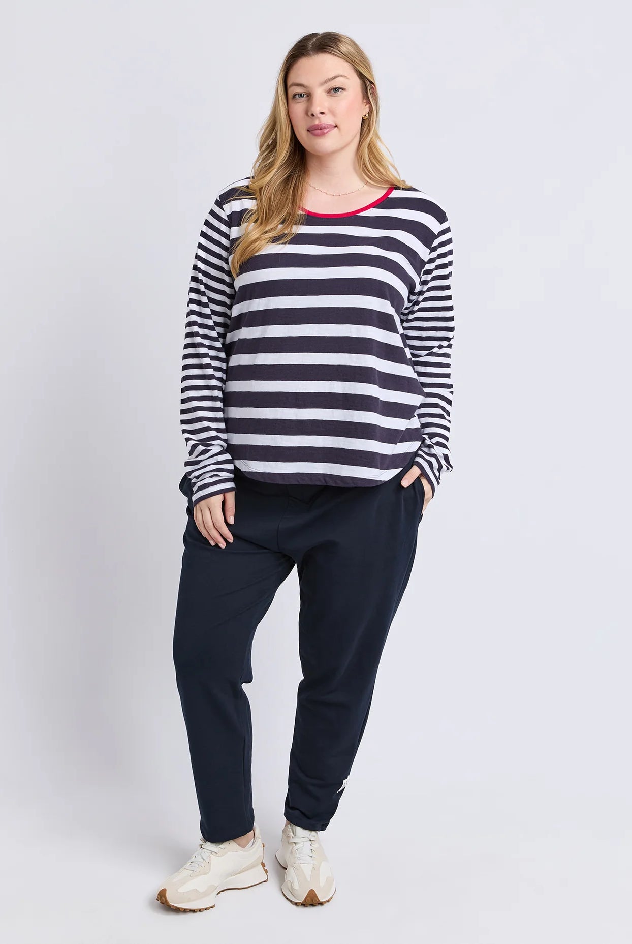 All Sorts Long Sleeve Top in Midnight/White with yarn-dyed stripes, an oversized fit, crew neckline and side splits.