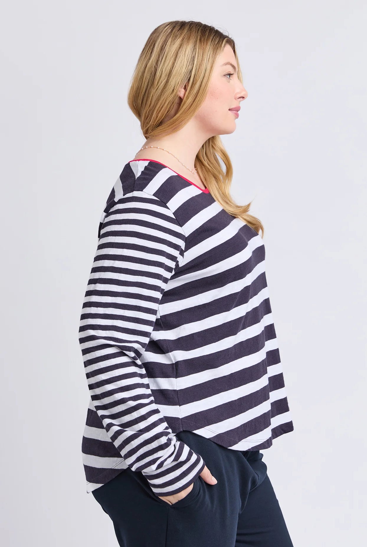 All Sorts Long Sleeve Top in Midnight/White with yarn-dyed stripes, an oversized fit, crew neckline and side splits.