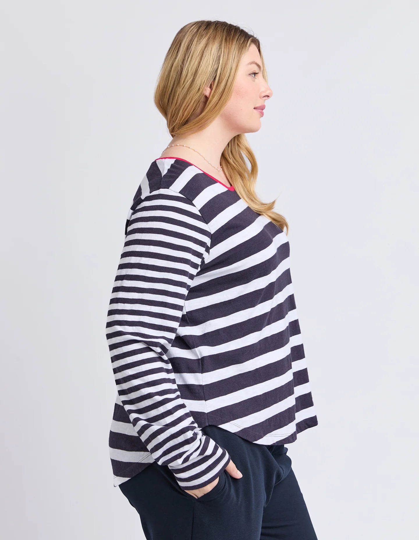 All Sorts Long Sleeve Top in Midnight/White with yarn-dyed stripes, an oversized fit, crew neckline and side splits.