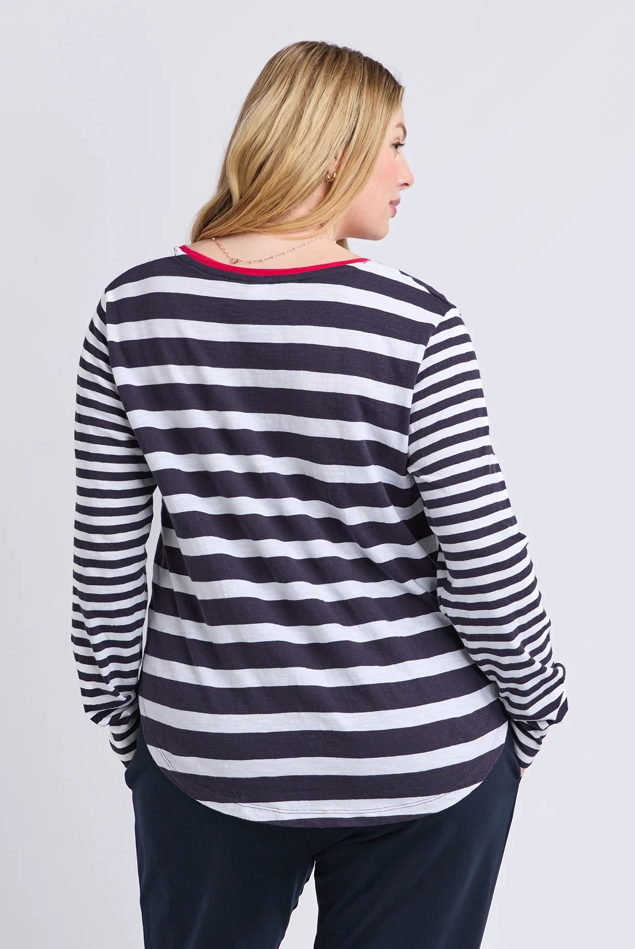 All Sorts Long Sleeve Top in Midnight/White with yarn-dyed stripes, an oversized fit, crew neckline and side splits.