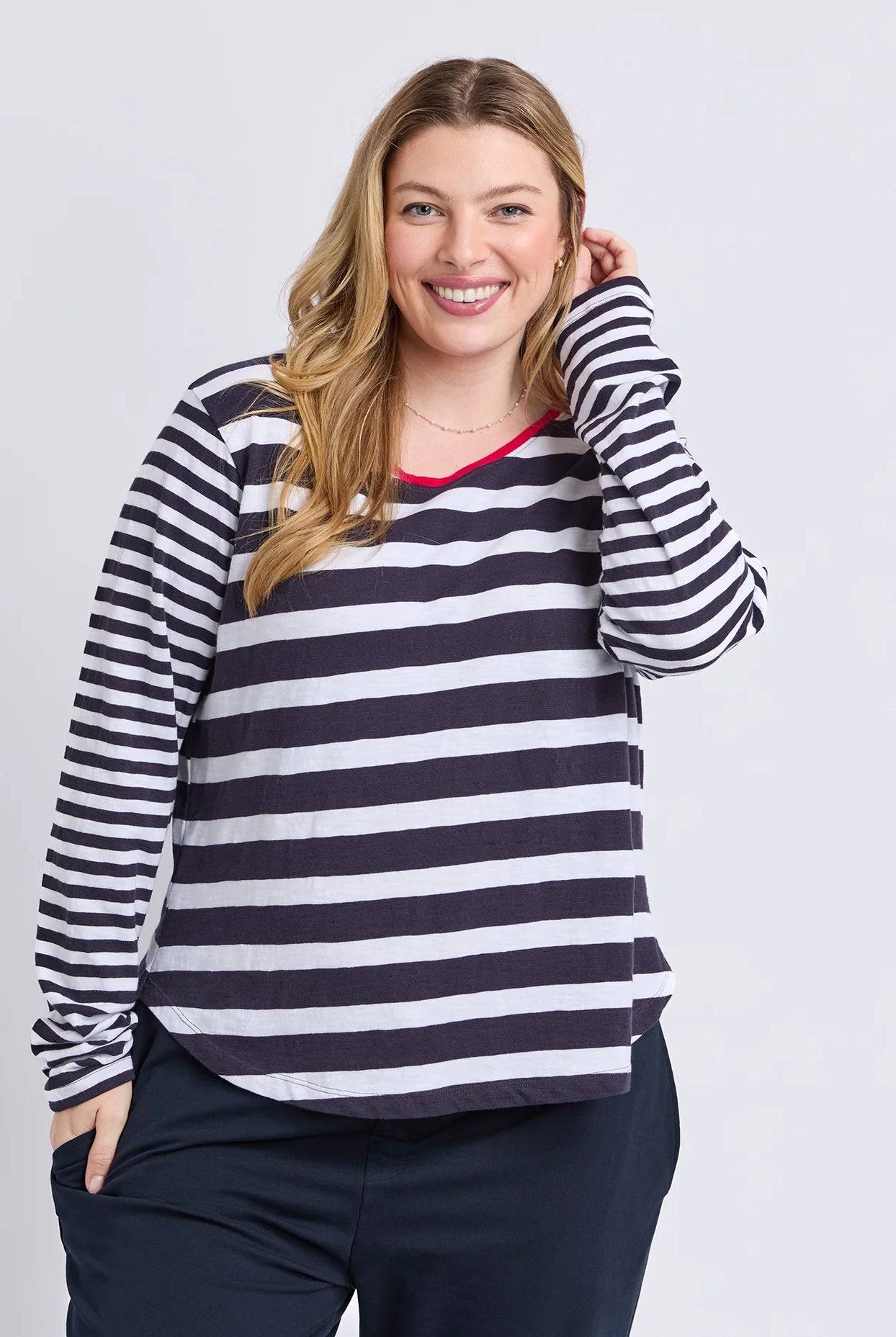 All Sorts Long Sleeve Top in Midnight/White with yarn-dyed stripes, an oversized fit, crew neckline and side splits.
