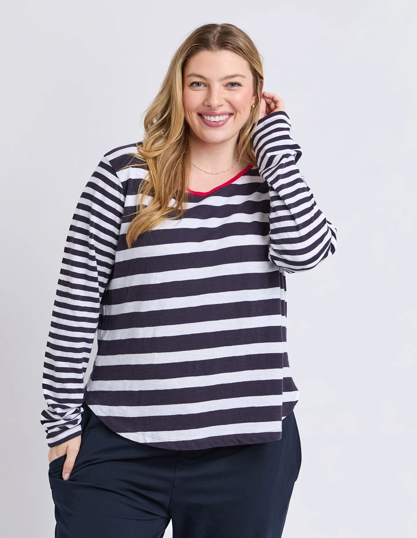 All Sorts Long Sleeve Top in Midnight/White with yarn-dyed stripes, an oversized fit, crew neckline and side splits.