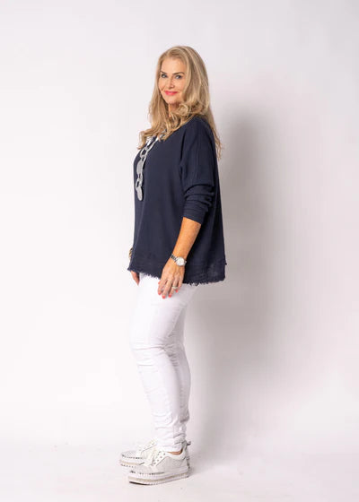 Arwyn Linen Blend Top in navy, a soft textured blouse with a relaxed fit and refined feminine detailing, suitable for both casual and smart styling.