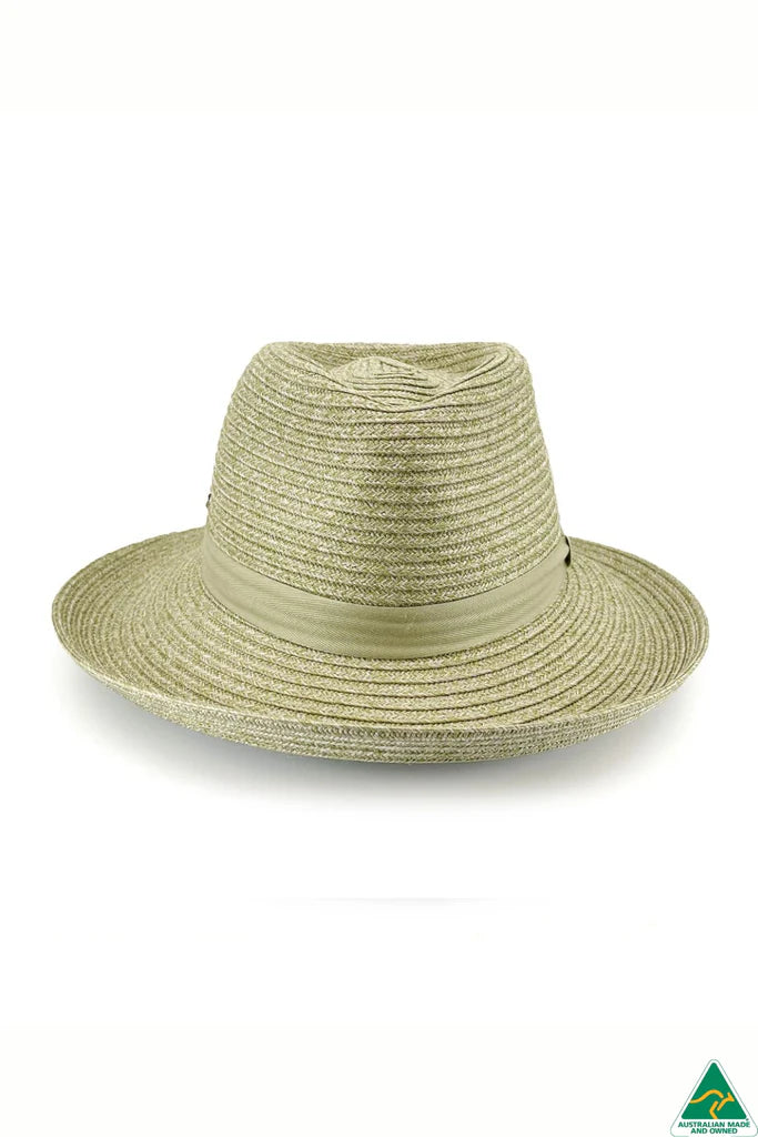 Banksia Flexibraid® Hat in green with reverse trilby shape, 8cm brim, 10cm crown, tonal ribbon, and ComfyFit adjustable internal band.